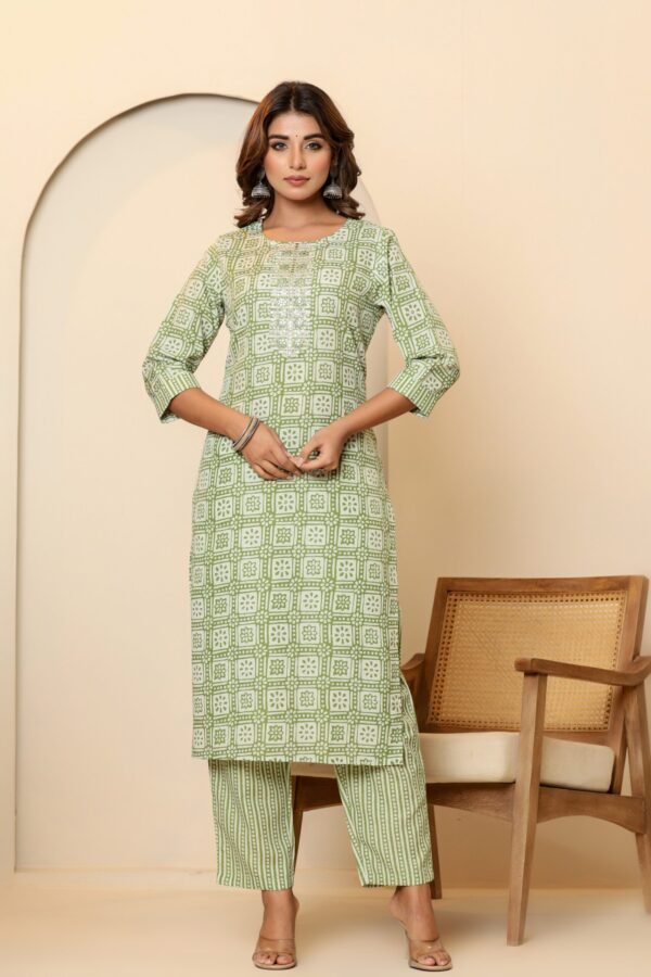 Light Green Cotton Kurta Set with White Geometric and Floral Patterns - Image 2