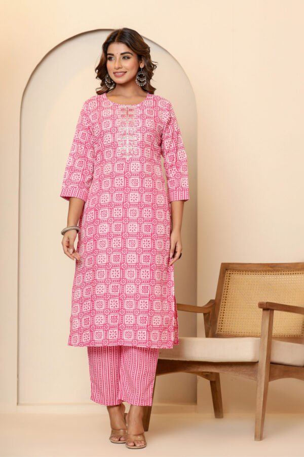 Pink and White Printed Cotton Kurta Set - Image 7