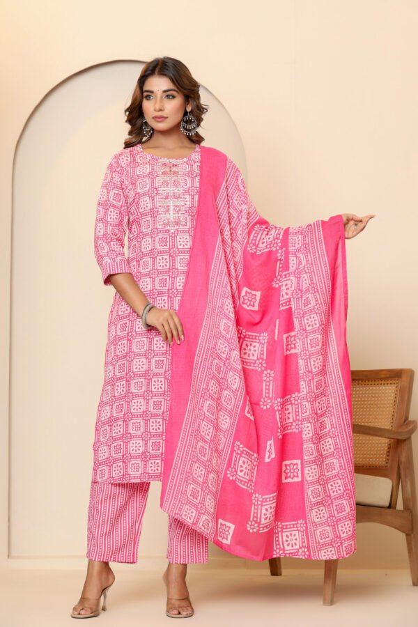 Pink and White Printed Cotton Kurta Set - Image 8