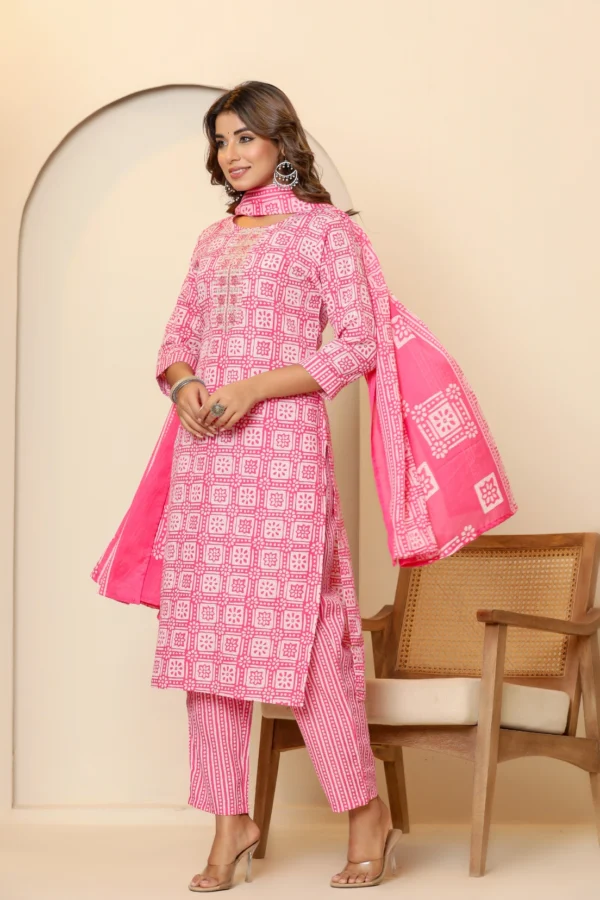 Pink and White Printed Cotton Kurta Set