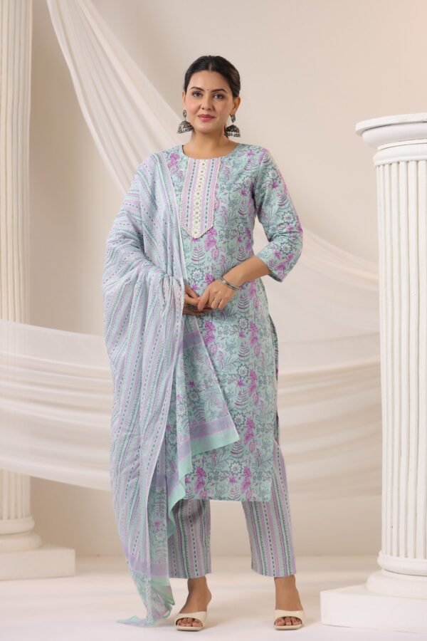 Light Blue Kurta Set with Floral Embroidery and Matching Dupatta - Image 8