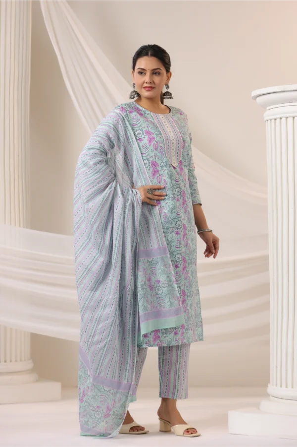 Light Blue Kurta Set with Floral Embroidery and Matching Dupatta
