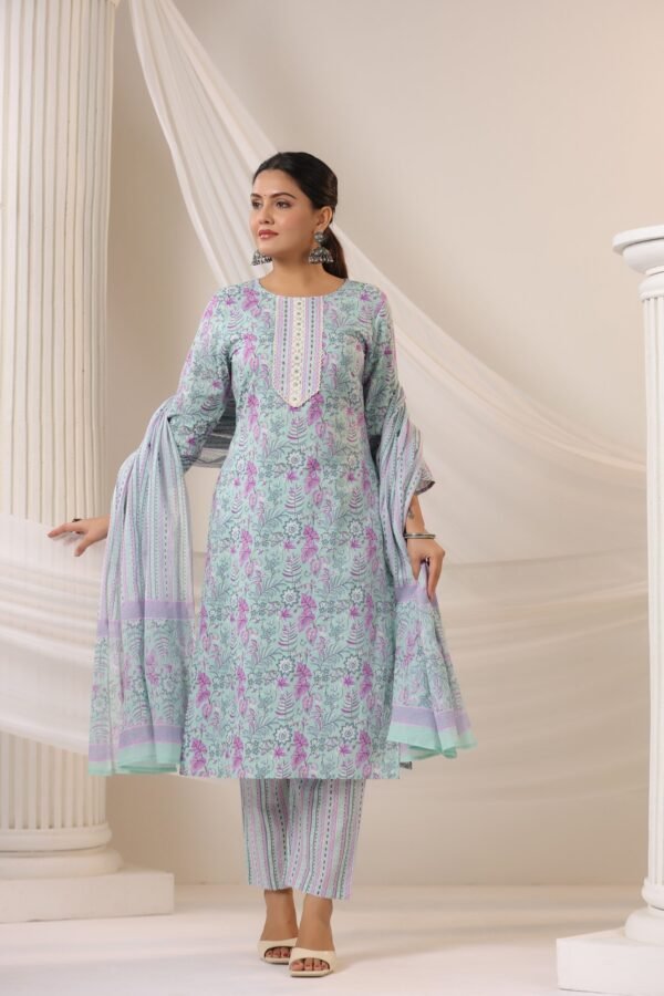 Light Blue Kurta Set with Floral Embroidery and Matching Dupatta - Image 4