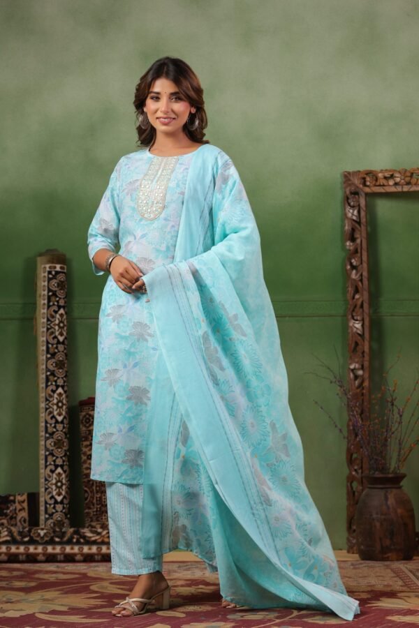 Light Blue Cotton Kurta Set with Floral Embroidery and Matching Dupatta - Image 2
