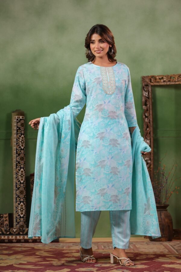 Light Blue Cotton Kurta Set with Floral Embroidery and Matching Dupatta - Image 3