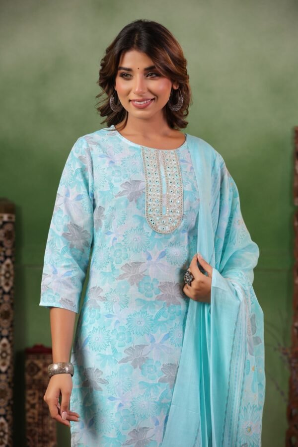 Light Blue Cotton Kurta Set with Floral Embroidery and Matching Dupatta - Image 4