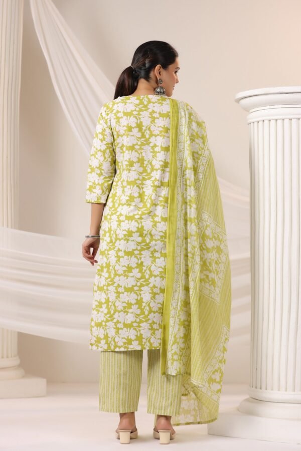 Light Green Cotton Kurta Set with V Neck and Floral Embroidery - Image 7