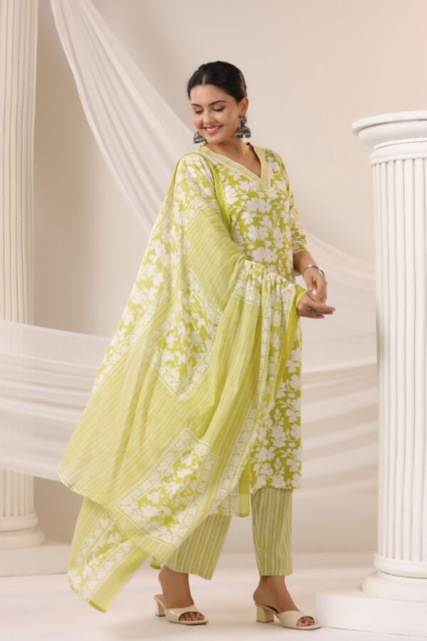 Light Green Cotton Kurta Set with V Neck and Floral Embroidery - Image 8