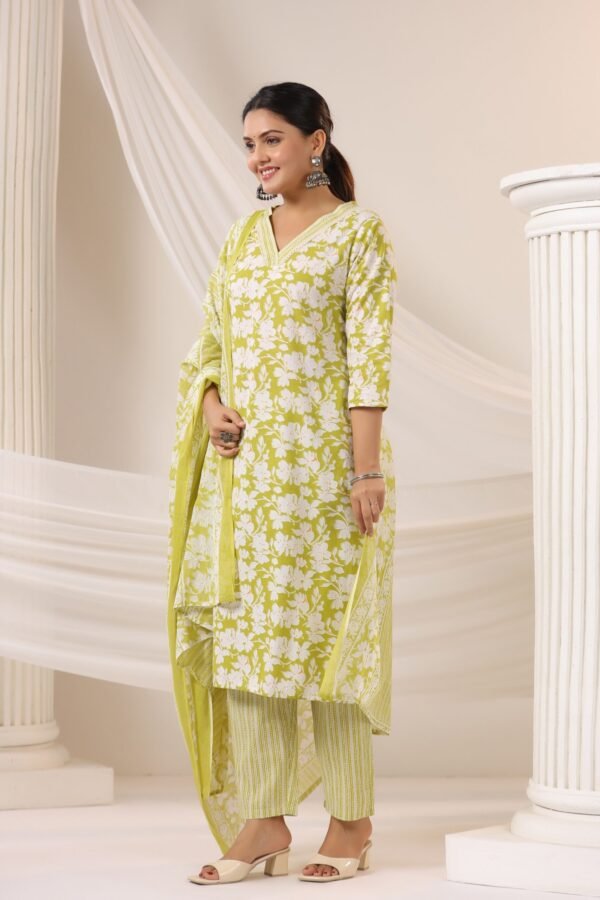 Light Green Cotton Kurta Set with V Neck and Floral Embroidery - Image 2