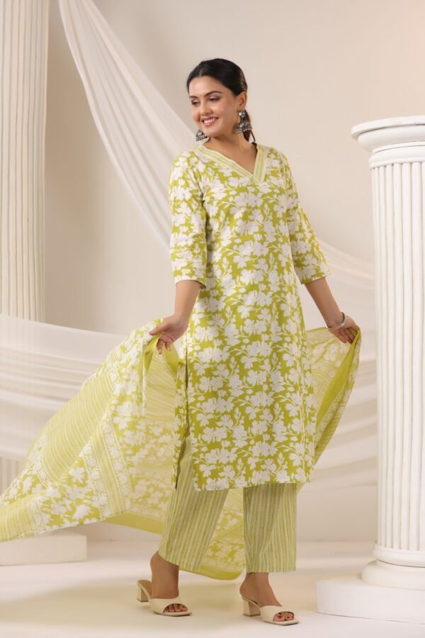 Light Green Cotton Kurta Set with V Neck and Floral Embroidery - Image 3