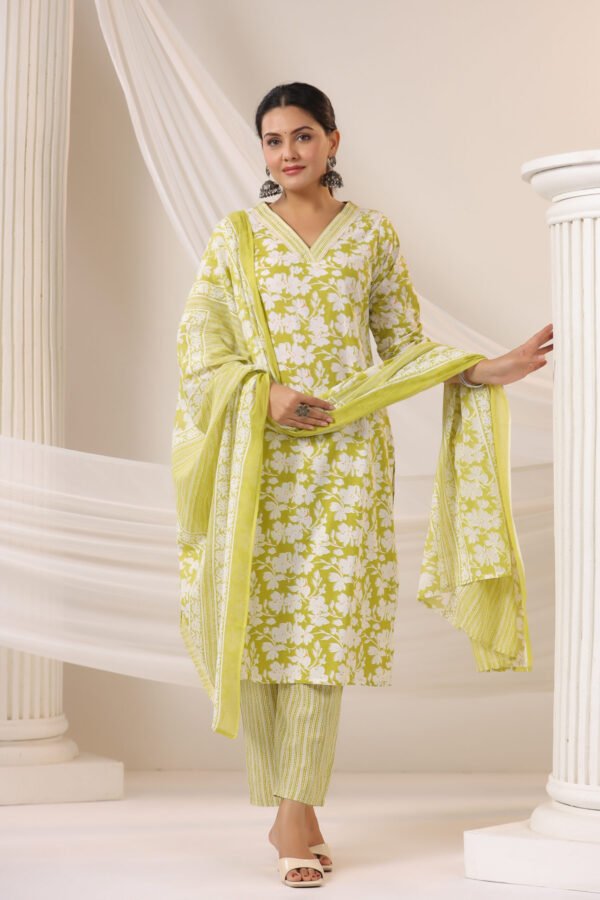Light Green Cotton Kurta Set with V Neck and Floral Embroidery