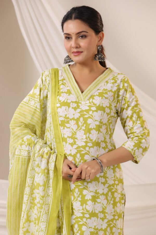 Light Green Cotton Kurta Set with V Neck and Floral Embroidery - Image 4