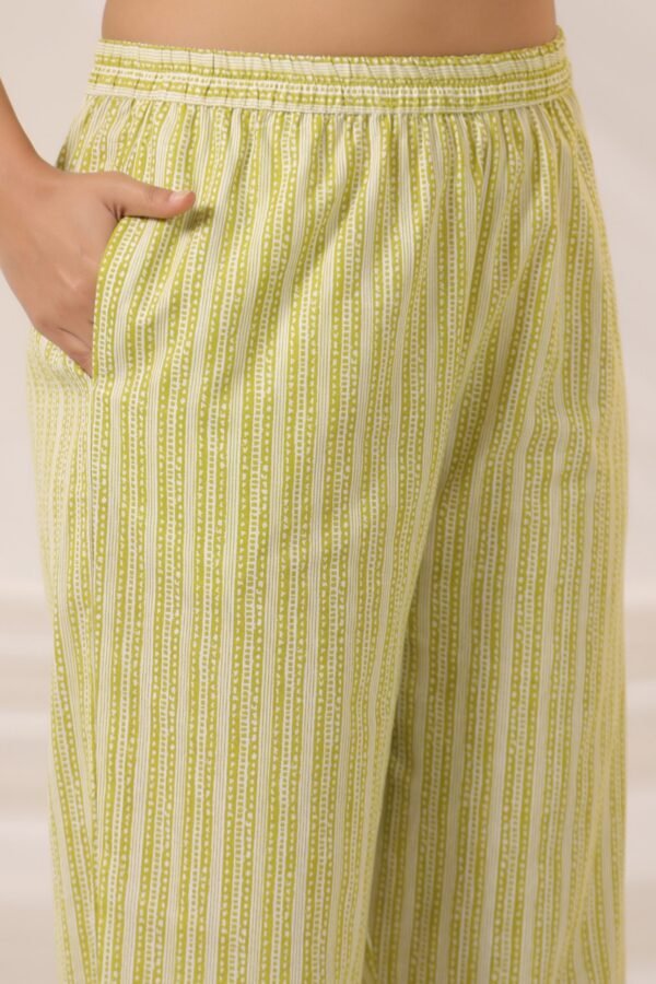 Light Green Cotton Kurta Set with V Neck and Floral Embroidery - Image 6