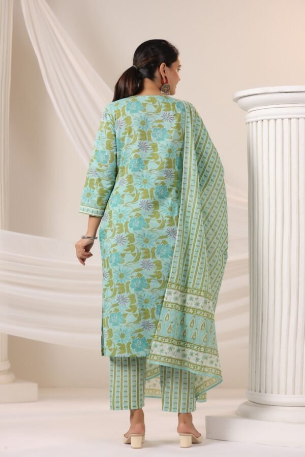 Pista Green Cotton Kurta Set with Floral Pattern and Round Neck - Image 5