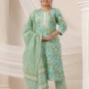 Pista Green Cotton Kurta Set with Floral Pattern and Round Neck - Image 6