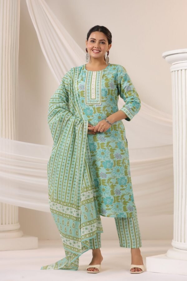 Pista Green Cotton Kurta Set with Floral Pattern and Round Neck - Image 6