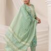 Pista Green Cotton Kurta Set with Floral Pattern and Round Neck - Image 7
