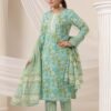 Pista Green Cotton Kurta Set with Floral Pattern and Round Neck - Image 8