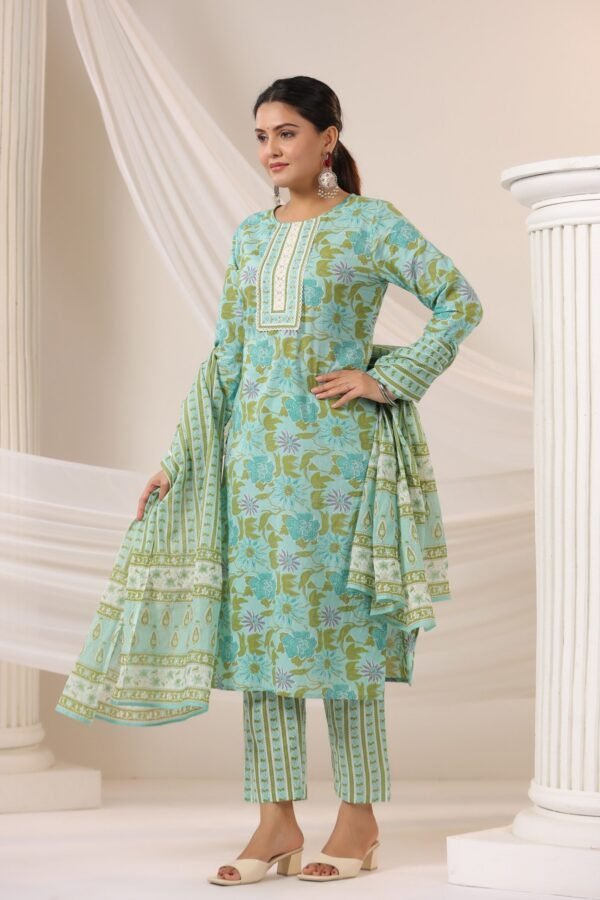Pista Green Cotton Kurta Set with Floral Pattern and Round Neck - Image 8