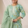 Pista Green Cotton Kurta Set with Floral Pattern and Round Neck - Image 2