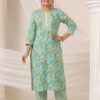 Pista Green Cotton Kurta Set with Floral Pattern and Round Neck