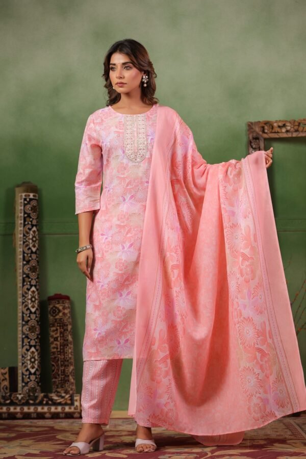 Light Warm Pink Cotton Kurta Set with Floral Pattern and Round Neck - Image 8