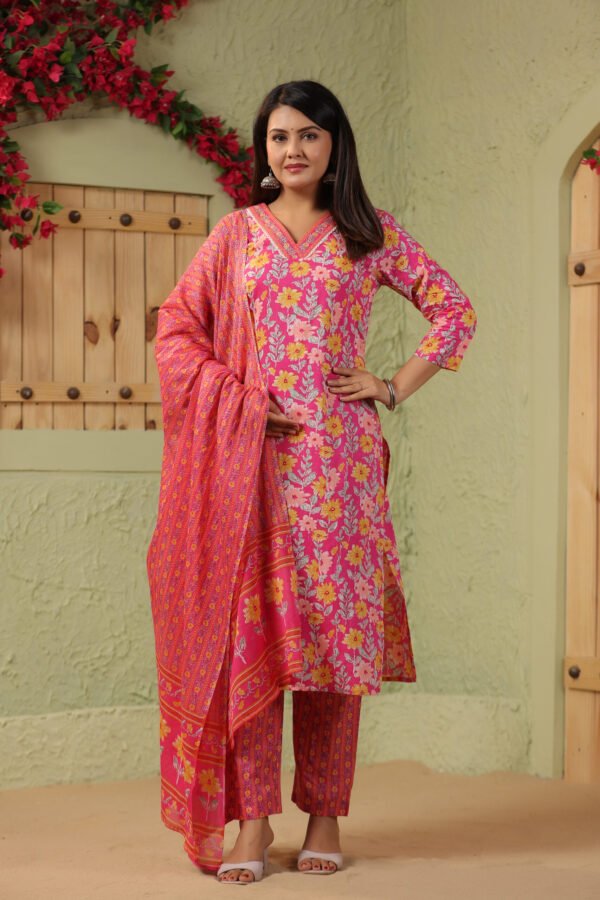 Red Pink Cotton Kurta Set with White Floral Embroidery and V Neck