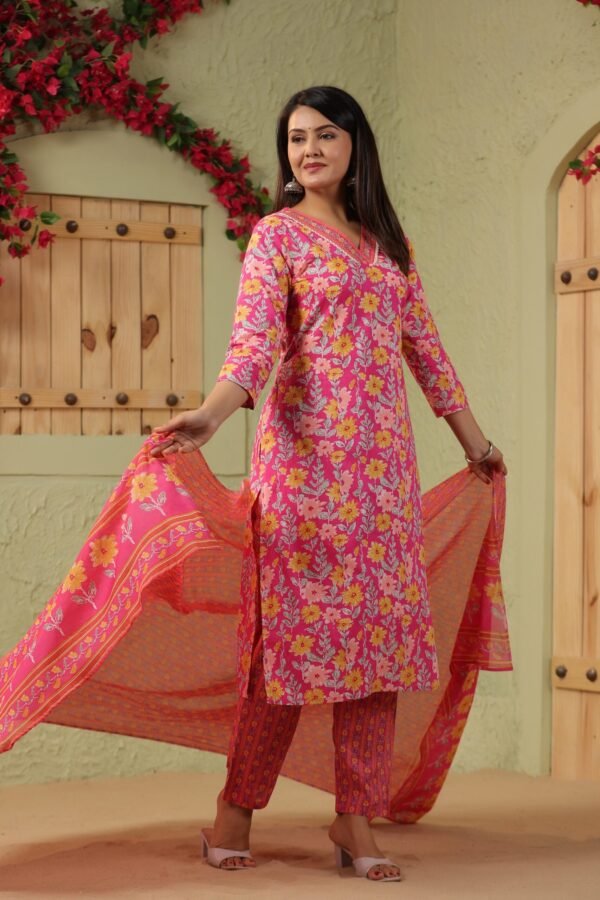 Red Pink Cotton Kurta Set with White Floral Embroidery and V Neck - Image 3