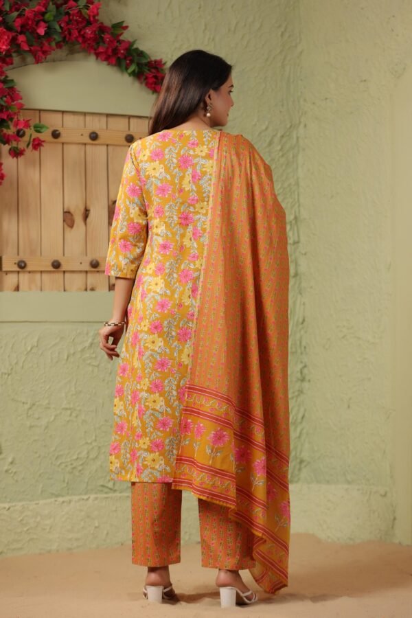 Mustard Yellow Cotton Kurta Set with Pink and White Floral Pattern - Image 4