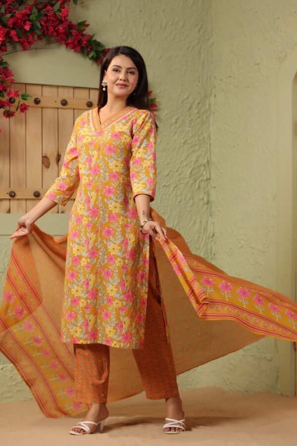 Mustard Yellow Cotton Kurta Set with Pink and White Floral Pattern - Image 7