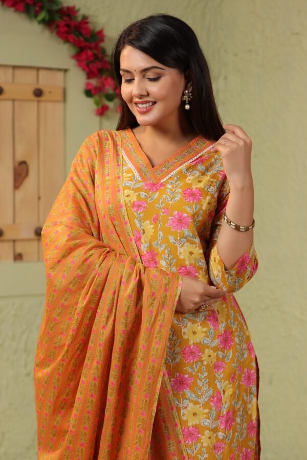 Mustard Yellow Cotton Kurta Set with Pink and White Floral Pattern - Image 8