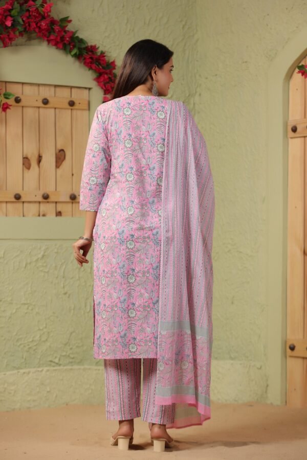 Baby Pink Cotton Kurta Set with Floral Embroidery and Striped Dupatta - Image 3