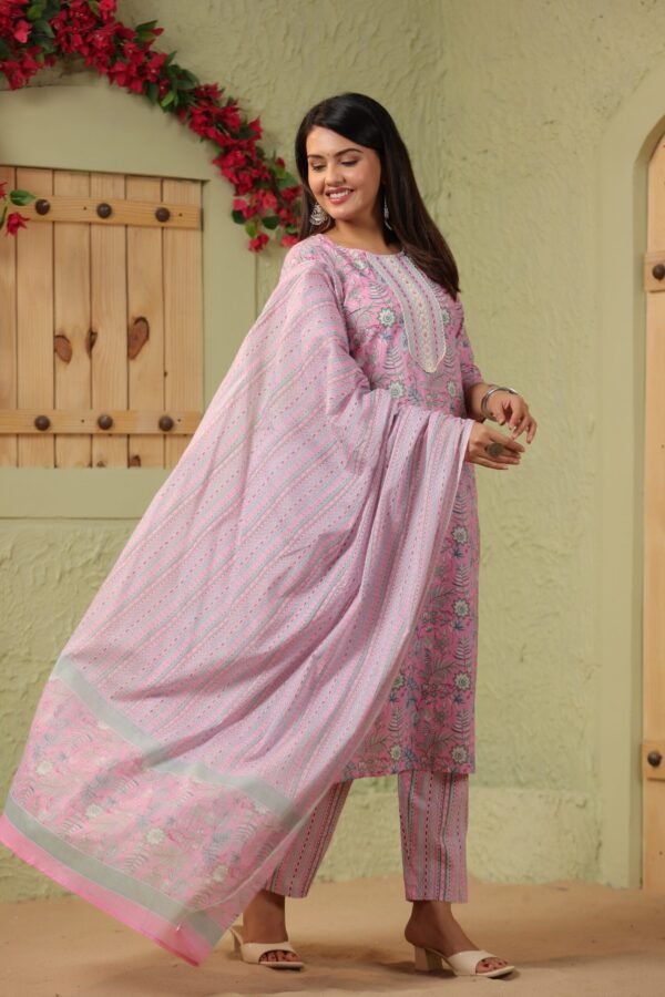 Baby Pink Cotton Kurta Set with Floral Embroidery and Striped Dupatta - Image 4