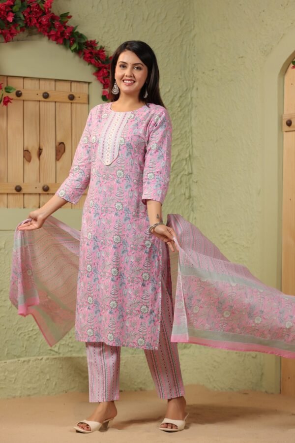 Baby Pink Cotton Kurta Set with Floral Embroidery and Striped Dupatta - Image 5
