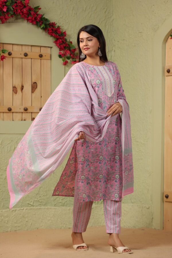 Baby Pink Cotton Kurta Set with Floral Embroidery and Striped Dupatta - Image 6