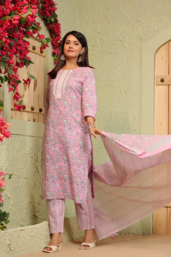 Baby Pink Cotton Kurta Set with Floral Embroidery and Striped Dupatta - Image 7