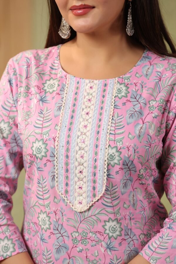 Baby Pink Cotton Kurta Set with Floral Embroidery and Striped Dupatta - Image 8