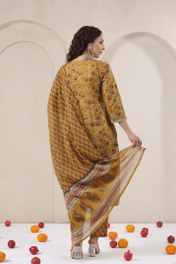 Yellow Cotton Kurta Set with Intricate Maroon Floral and Geometric Patterns - Image 6