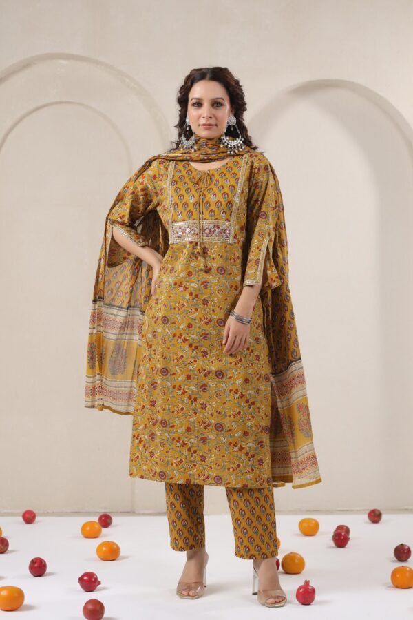 Yellow Cotton Kurta Set with Intricate Maroon Floral and Geometric Patterns - Image 7