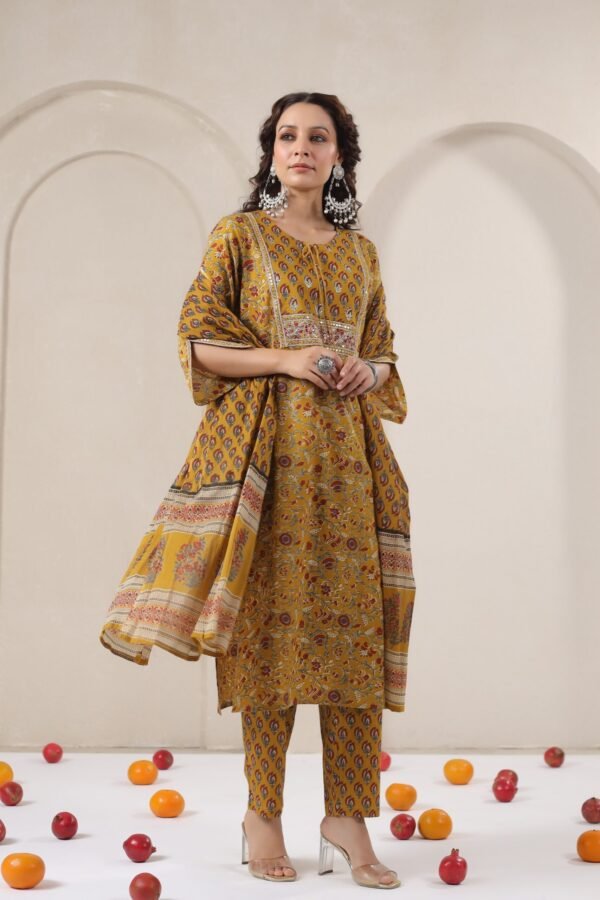 Yellow Cotton Kurta Set with Intricate Maroon Floral and Geometric Patterns - Image 8