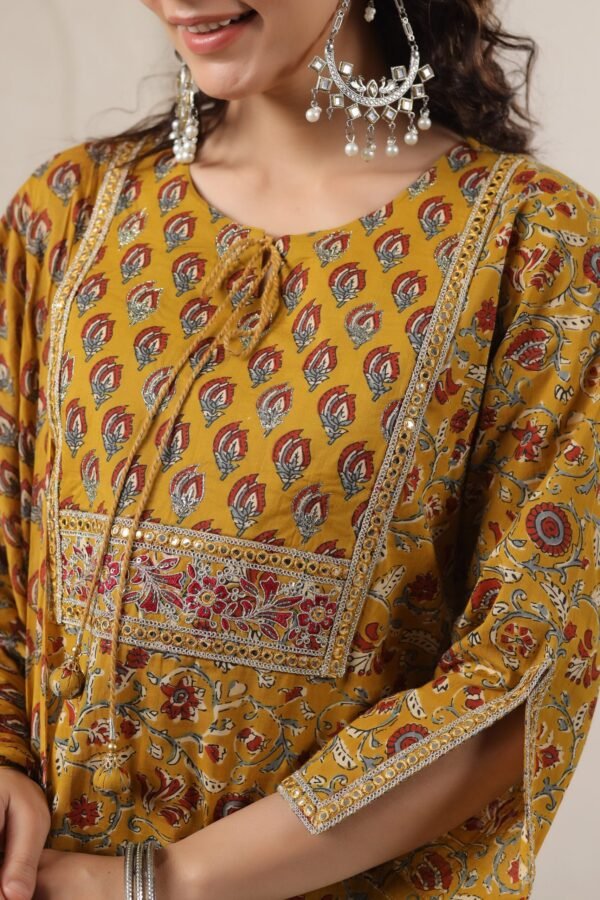 Yellow Cotton Kurta Set with Intricate Maroon Floral and Geometric Patterns - Image 2