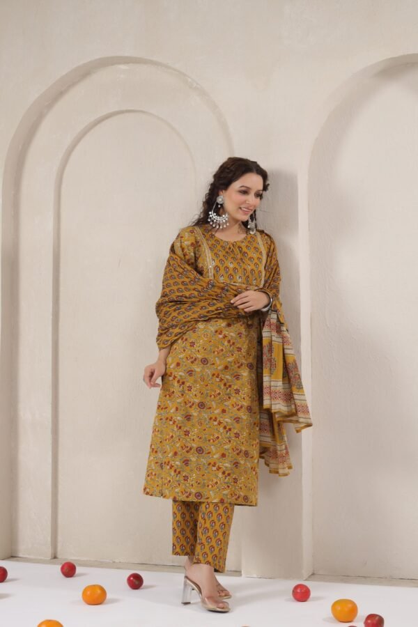 Yellow Cotton Kurta Set with Intricate Maroon Floral and Geometric Patterns - Image 3