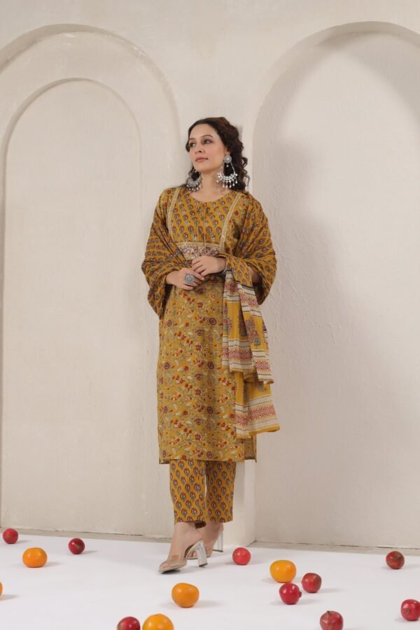 Yellow Cotton Kurta Set with Intricate Maroon Floral and Geometric Patterns - Image 4