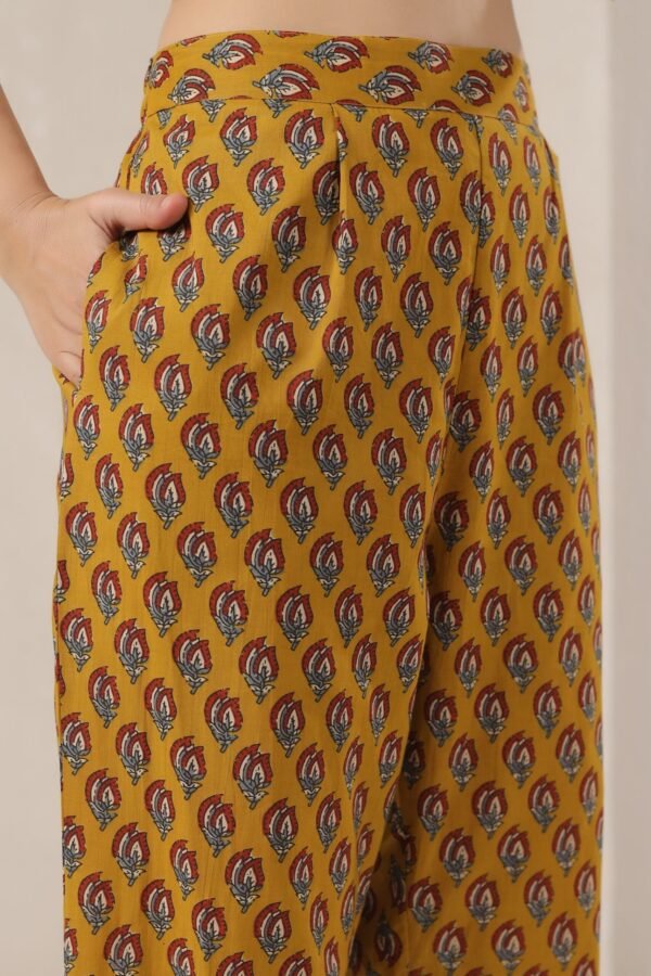 Yellow Cotton Kurta Set with Intricate Maroon Floral and Geometric Patterns - Image 5