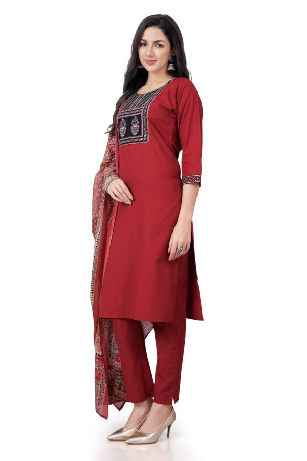 Red Three Piece Cotton Suit Set with Traditional Print Dupatta - Image 3