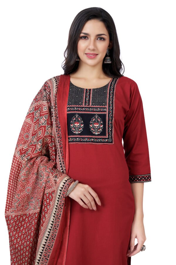 Red Three Piece Cotton Suit Set with Traditional Print Dupatta - Image 2