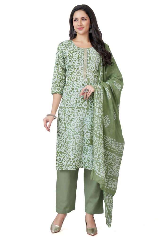 green printed Cotton kurta set by Sarisha
