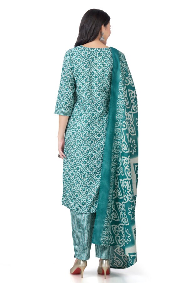 Teal Floral Printed Cotton Kurta Set with Dupatta - Image 4