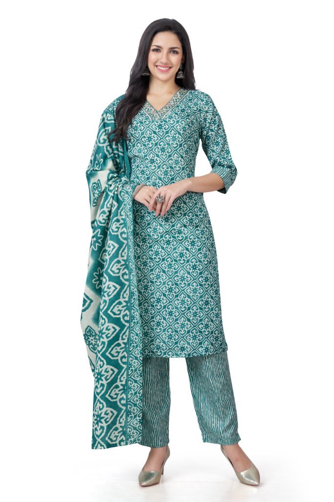Teal floral printed cotton kurta set with duppata