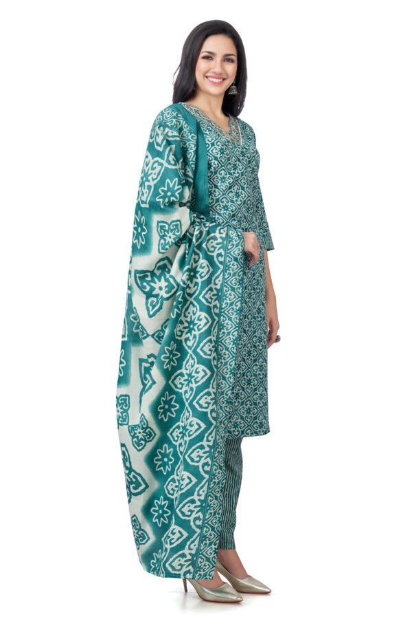 Teal Floral Printed Cotton Kurta Set with Dupatta - Image 3